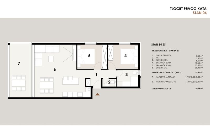 Grundriss einer 3-Zimmer-Wohnung mit zwei Schlafzimmern, einem Badezimmer und einer Terrasse.