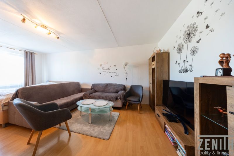 Wohnzimmer mit Sofas, Sessel, Fernseher und Holzboden in einer 3-Zimmer-Wohnung.