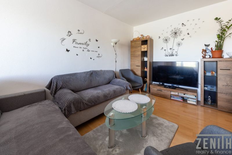 Wohnzimmer mit Holzboden, Sofa, Glastisch und Fernseher.