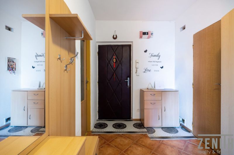 Eingangsbereich in einer 3-Zimmer-Wohnung mit Holzelementen und Möbeln.