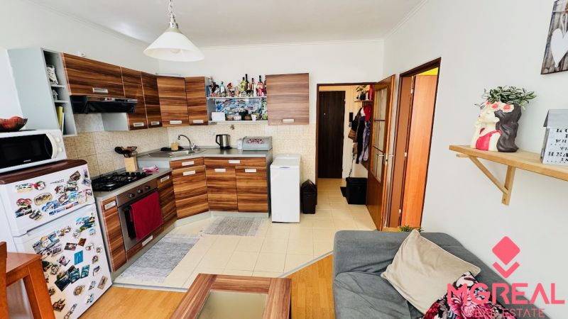 Küche mit Holzdekor und Geräten in einer Einzimmerwohnung, komfortable Anordnung.