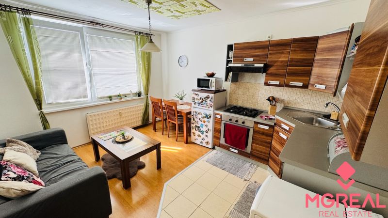 Küche in einer Einzimmerwohnung mit Holzelementen, Sofa und Esstisch.