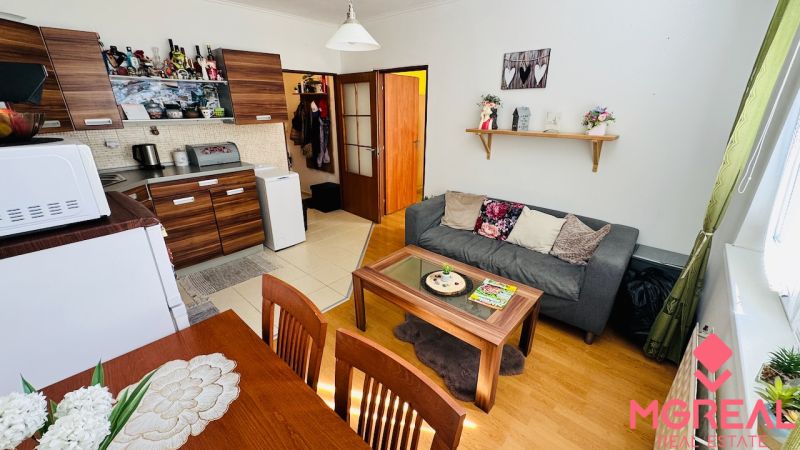 Wohnzimmer mit Küche, Sofa und Tisch in einer Einzimmerwohnung und einem Boden mit Holzdekor.