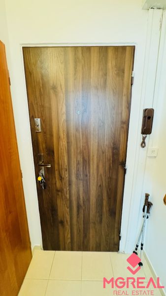Holztür mit Türklingel in einer Einzimmerwohnung mit hellem Boden.
