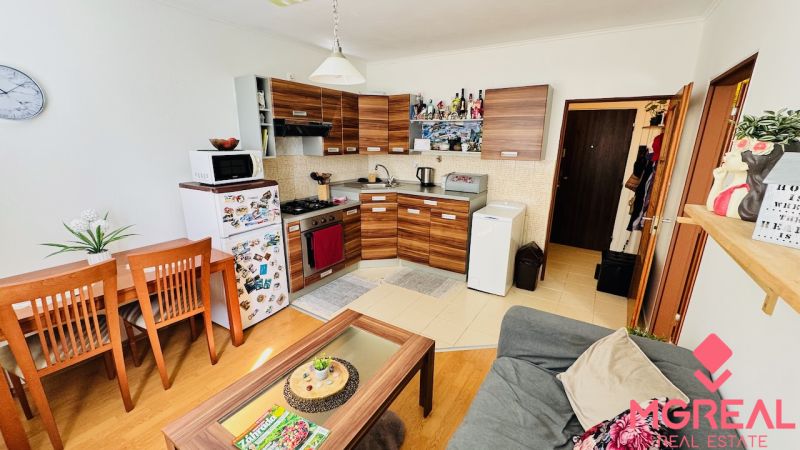 Küche in einer Einzimmerwohnung mit Holzboden und Esstisch.
