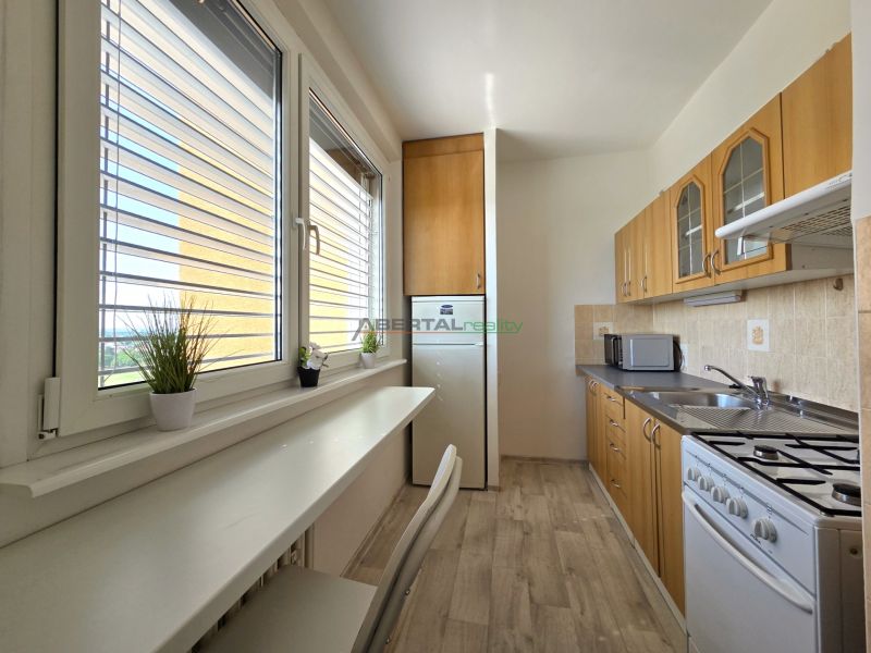 Küche mit Holzdekor und Geräten, geeignet für eine Einzimmerwohnung.