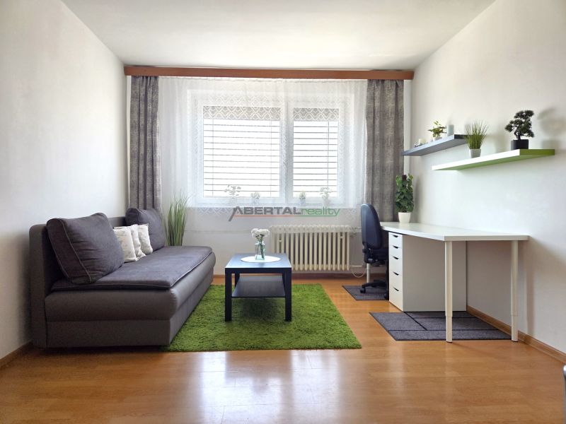 Wohnzimmer in einer Einzimmerwohnung mit Sofa, Schreibtisch und Holzboden.