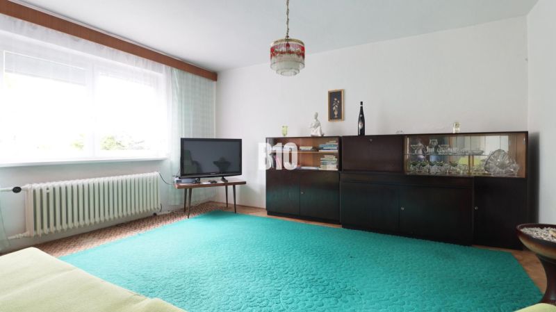 Wohnzimmer in einem Einfamilienhaus mit Fernseher, dunklen Möbeln und grünem Teppich.