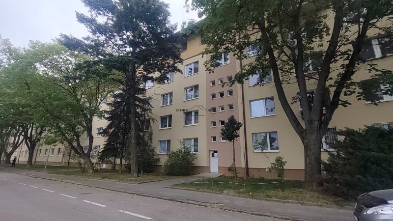 Ein Wohnhaus in der von Bäumen gesäumten Straße Exnárova in Bratislava - Ružinov.