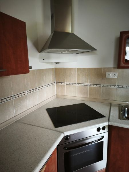 Küche in einem Einfamilienhaus mit Edelstahl-Dunstabzugshaube und Elektrokochfeld.