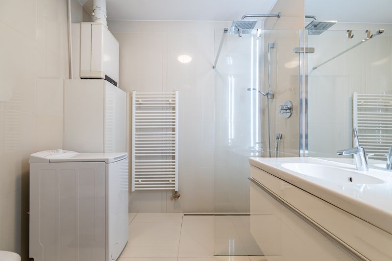 Badezimmer mit Waschmaschine, Duschkabine und Waschbecken in einer 2-Zimmer-Wohnung.