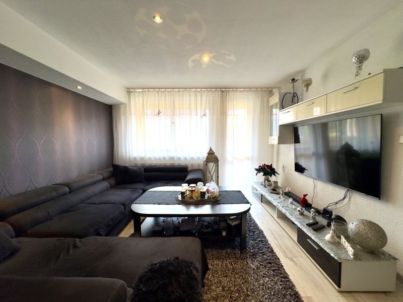 Wohnzimmer in einer 4-Zimmer-Wohnung mit Holzboden und dunklem Sofa.