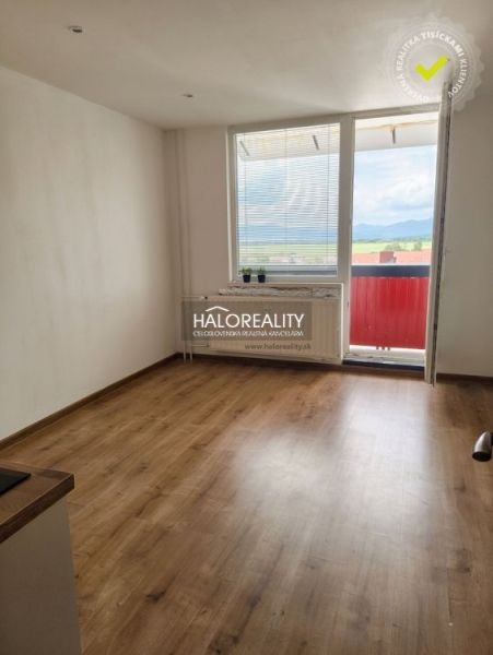 Einzimmerwohnung mit Holzboden, großem Fenster und Balkon.