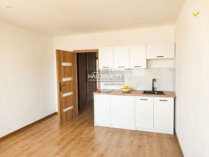 Einzimmerwohnung mit einfacher Küche, Laminatboden und Holztüren.