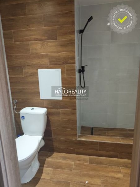 Badezimmer eines Einzimmerapartments mit Toilette und Duschkabine mit Holzboden.