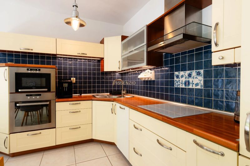 Küche mit dunkelblauen Fliesen und eingebauten Geräten in einer 2-Zimmer-Wohnung.