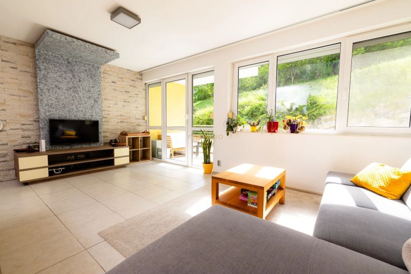 Wohnzimmer in einer 2-Zimmer-Wohnung mit großen Fenstern und einer TV-Wand.