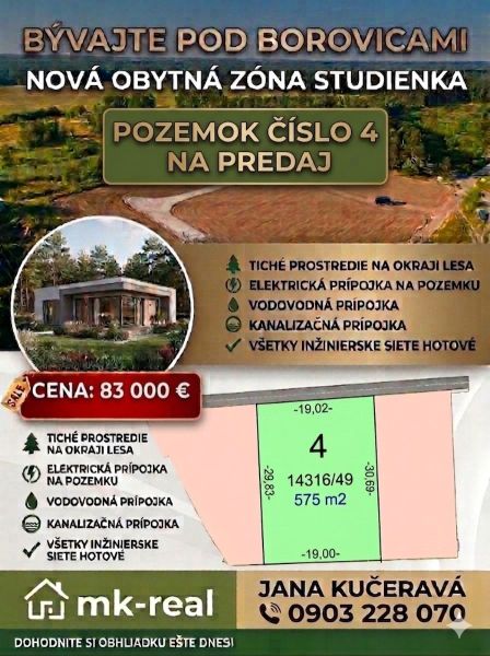Verkauf des Grundstücks Nummer 4 am Rande von Studienka, Pod Borovicou, für Wohnzwecke.