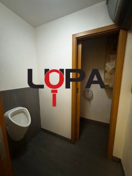 Innenräume von Geschäftsräumen mit Toilette und dunklem Boden in Holzoptik.