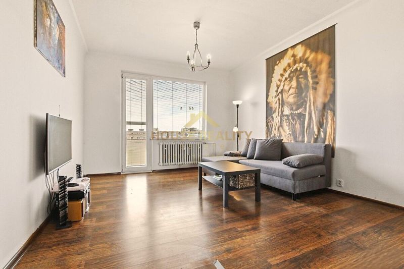 Wohnzimmer in einer 2-Zimmer-Wohnung mit Sofa, Fernseher und Holzboden.