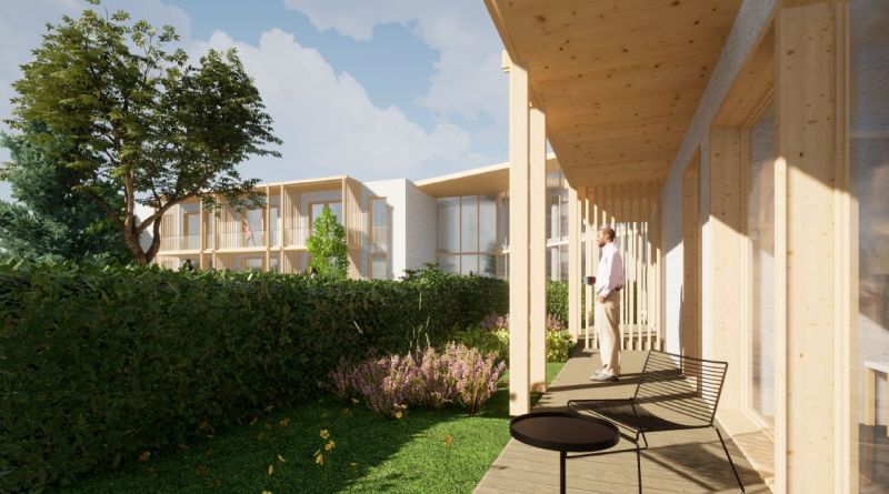 Außenbereich von Hotels und Pensionen in Nová Lesná mit Garten und Balkon mit Holzelementen.