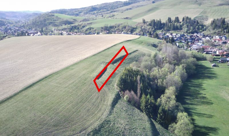 Landwirtschaftliche und forstwirtschaftliche Flächen rund um Čierny Balog mit einem markierten Abschnitt am Hang.