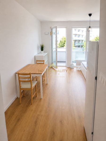 Helle 1-Zimmer-Wohnung mit Holzboden, mit Blick auf den Balkon.