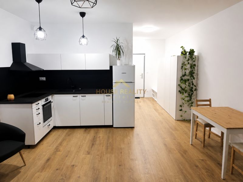 Küche in einer Einzimmerwohnung mit schwarzer Dunstabzugshaube und Boden in Holzoptik.