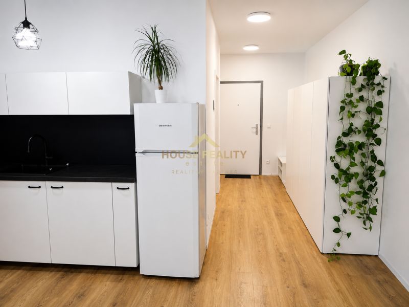 Küche in einer Einzimmerwohnung mit schwarzem Spülbecken, weißen Schränken und einem Boden in Holzoptik.