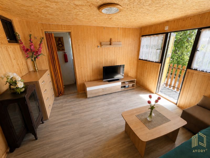 Innenraum einer Hütte mit Holzboden, Fernseher, Sofa, Blumen und Schränken.