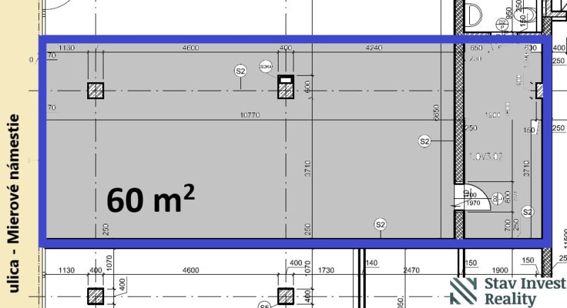 Grundriss eines 60 m² großen Geschäftsraums am Friedensplatz in Senec.