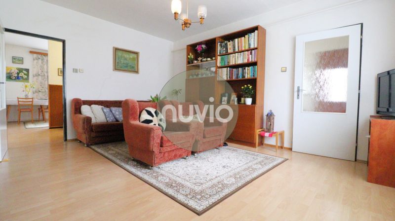 Wohnzimmer in einem Einfamilienhaus mit bequemen Sesseln, Teppich und Bücherregal, Boden mit Holzdekor.
