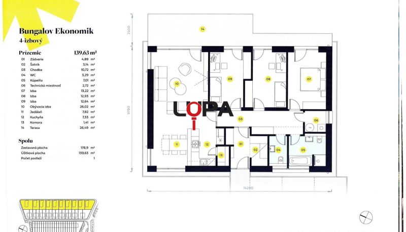 Grundriss eines 4-Zimmer-Bungalows mit Terrasse in Nové Zámky umfasst Wohn- und Technikräume.