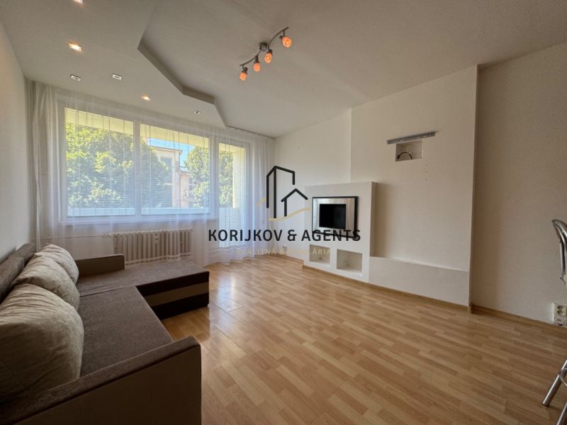 Wohnzimmer in einer Zweizimmerwohnung mit Holzboden und Sofa.