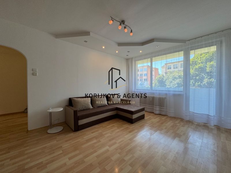 Wohnzimmer mit Sofa und großem Fenster in einer 2-Zimmer-Wohnung mit Holzboden.