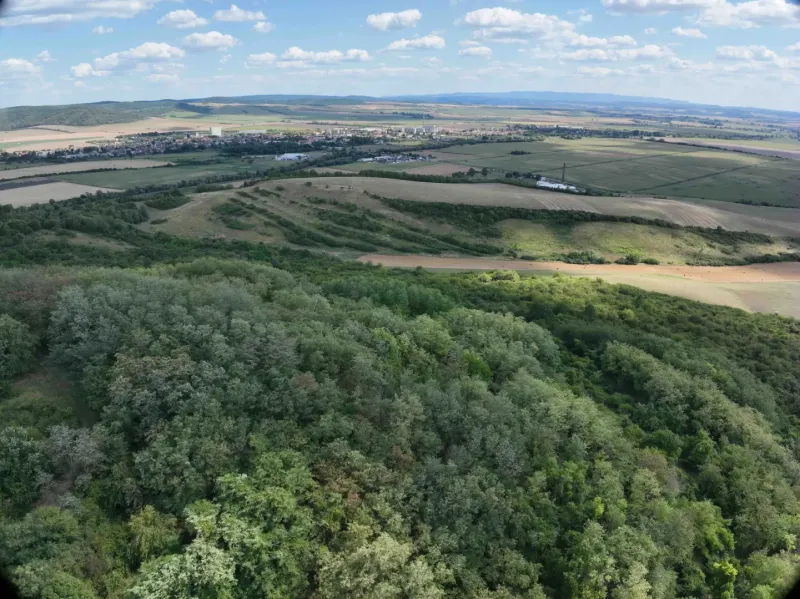 Landschaft in Tornaľa mit gemischten landwirtschaftlichen und forstwirtschaftlichen Flächen unter klarem Himmel.