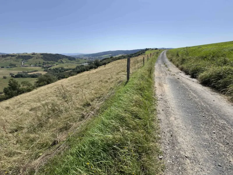 Eine Landstraße umgeben von Wiesen und Hügeln im Hintergrund, Ungewöhnliche Immobilien in Stará Ľubovňa.