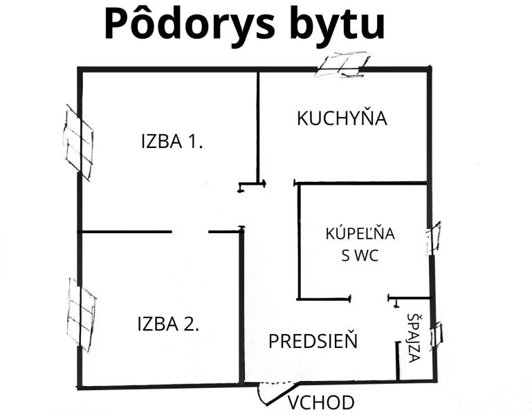 Grundriss einer 2-Zimmer-Wohnung: Zimmer, Küche, Badezimmer mit WC und Speisekammer.