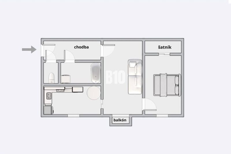 Der Grundriss zeigt die Anordnung der Zimmer, einschließlich des Kleiderschranks und des Balkons in einer 2-Zimmer-Wohnung.