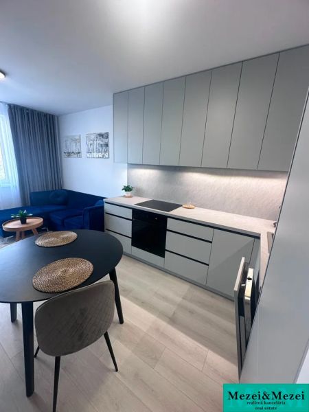 Küchenecke mit Kochfeld, runder Tisch, Sofa, Boden mit Holzdekor.