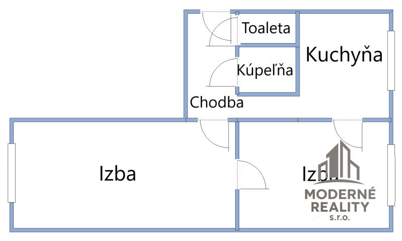 Grundriss einer 2-Zimmer-Wohnung mit Küche, Badezimmer und Toilette.