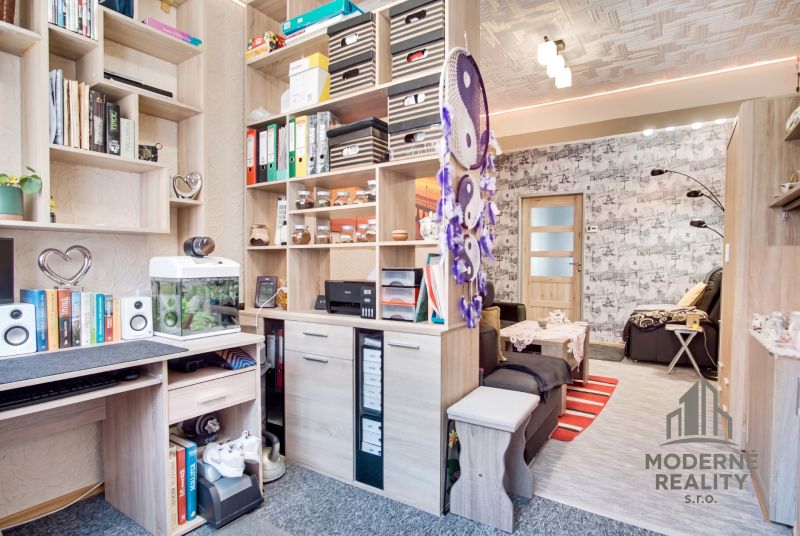 Arbeitsbereich und Wohnzimmer in einer 2-Zimmer-Wohnung mit Regalen und Dekorationen.
