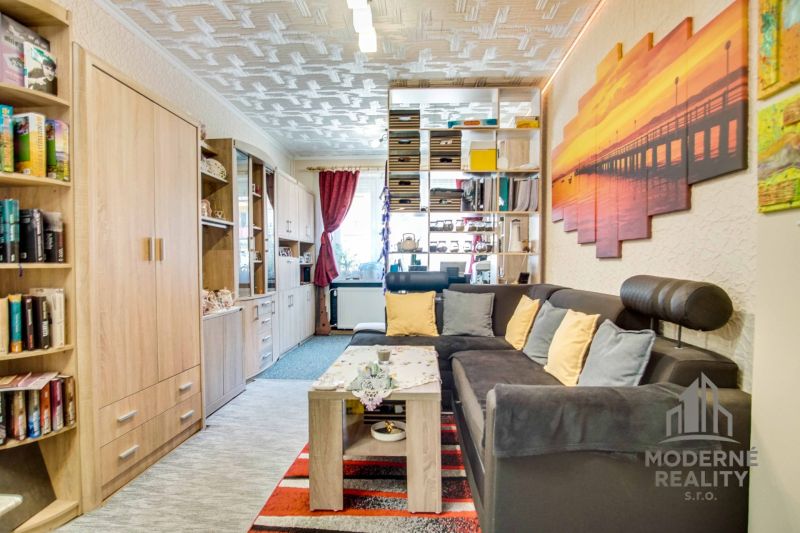 Wohnzimmer in einer Zweizimmerwohnung mit Sofa, Bücherregal und buntem Bild an der Wand.