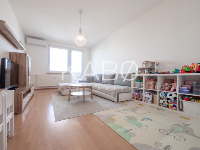 Wohnzimmer in einer Zweizimmerwohnung mit Holzboden und Kinderspielzeug.