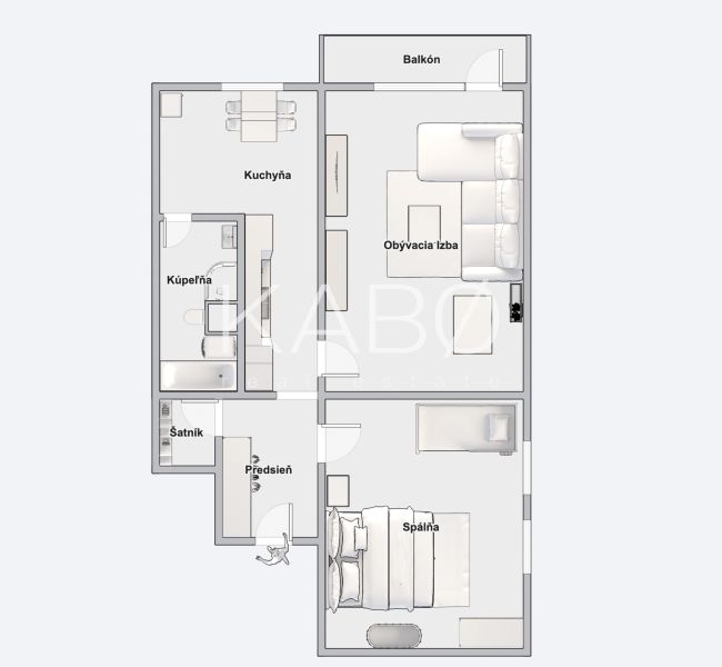 Grundriss einer 2-Zimmer-Wohnung mit Balkon: Küche, Wohnzimmer, Badezimmer, Schlafzimmer.