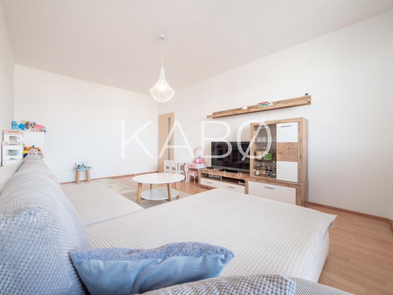 Helles Wohnzimmer mit großem Sofa, Holzboden, gemütliche 2-Zimmer-Wohnung.