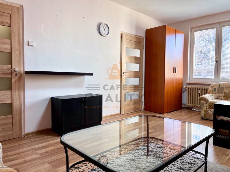 Wohnzimmer in einer 2-Zimmer-Wohnung mit Holzboden, Sofa und Schrank.