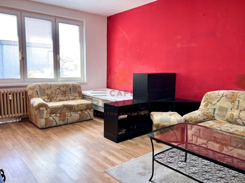 Wohnzimmer in einer 2-Zimmer-Wohnung mit Sesseln, einem Tisch und einem Boden in Holzoptik.