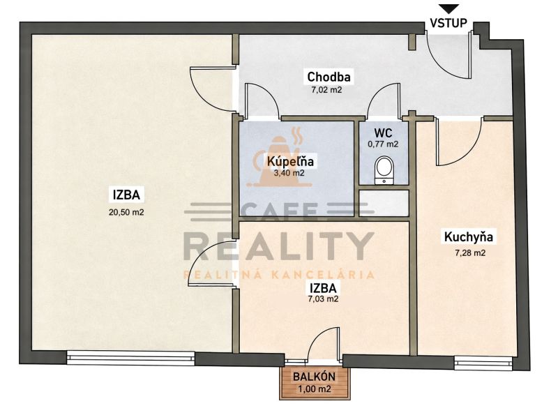 Grundriss einer 2-Zimmer-Wohnung mit Badezimmer, Küche, Balkon und Flur.