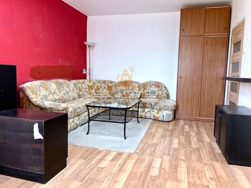 Wohnzimmer mit Sofa, Schrank und Holzboden in einer 2-Zimmer-Wohnung.